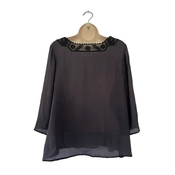 The Great Womens Sz 0 Black Silk Crochet Detailed Semi Sheer Popover Top Blouse - Picture 3 of 9
